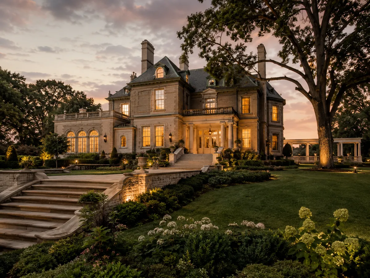 HERO: manor facade at dusk, full bleed