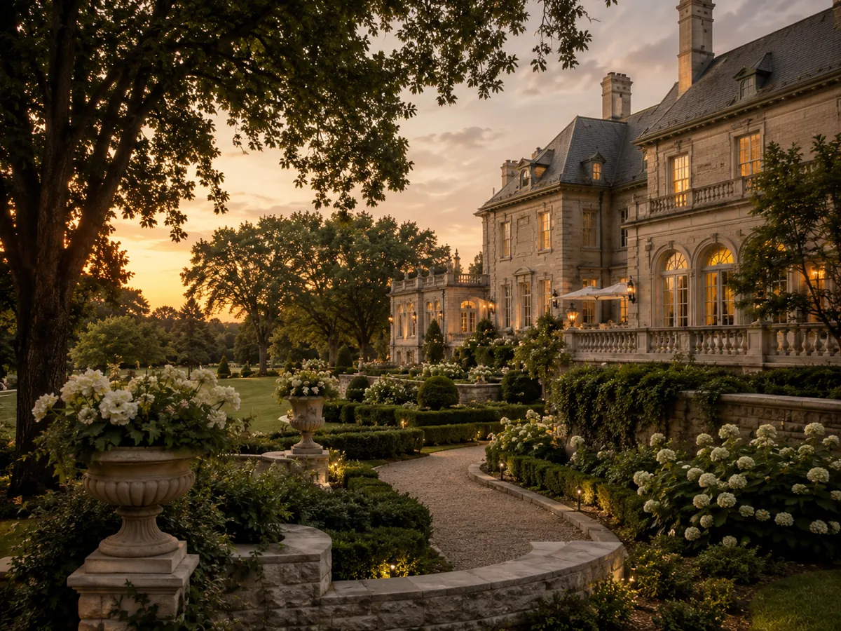 Closing manor facade at dusk