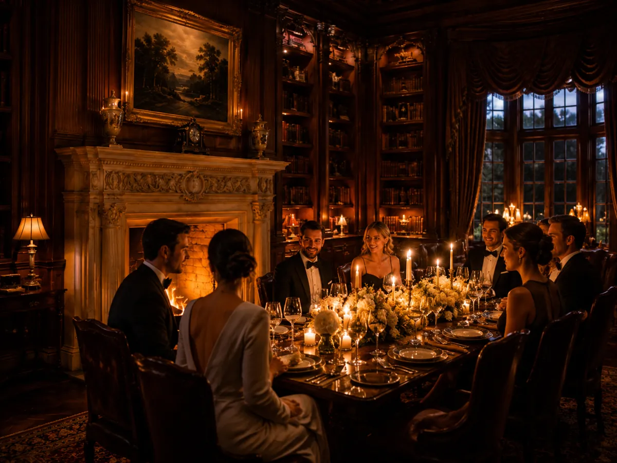 Candlelit library dinner