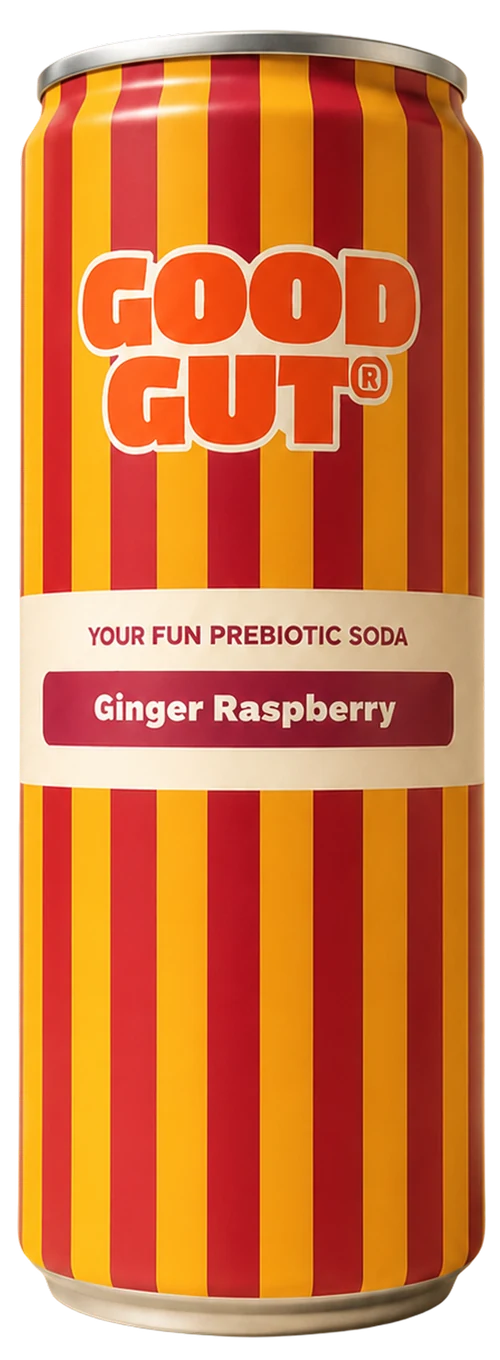 Ginger Raspberry, a Good Gut prebiotic soda can